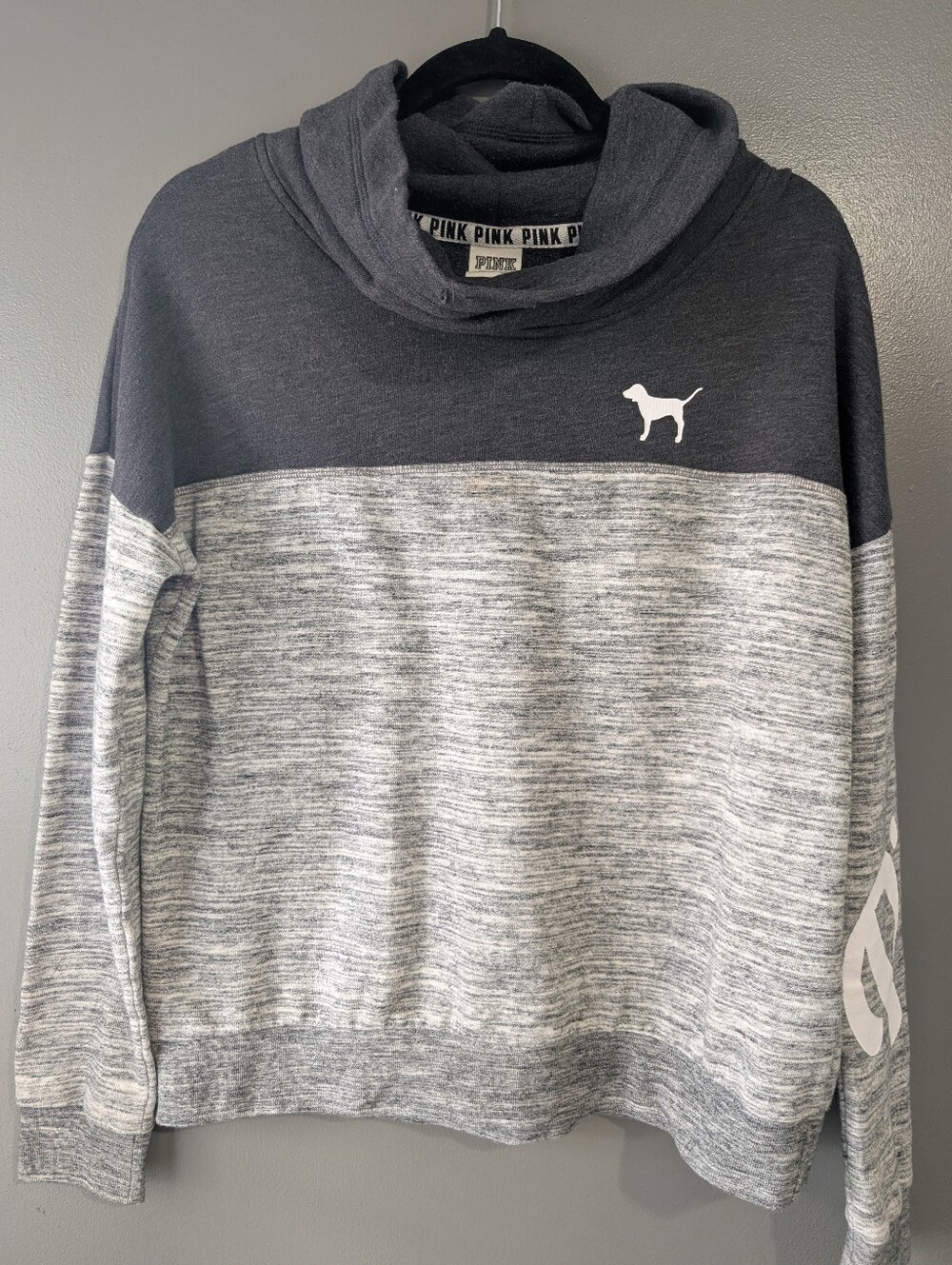 Victoria’s Secret PINK Cowl Neck Sweatshirt Gray Colorblock Dog Logo S